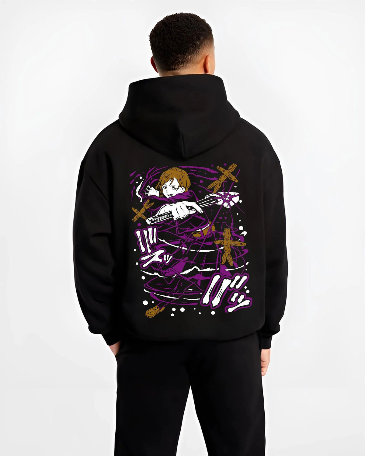 Black hoodie worn by male model from the back featuring Nobara Kugisaki Straw Doll Technique Jujutsu Kaisen artwork.