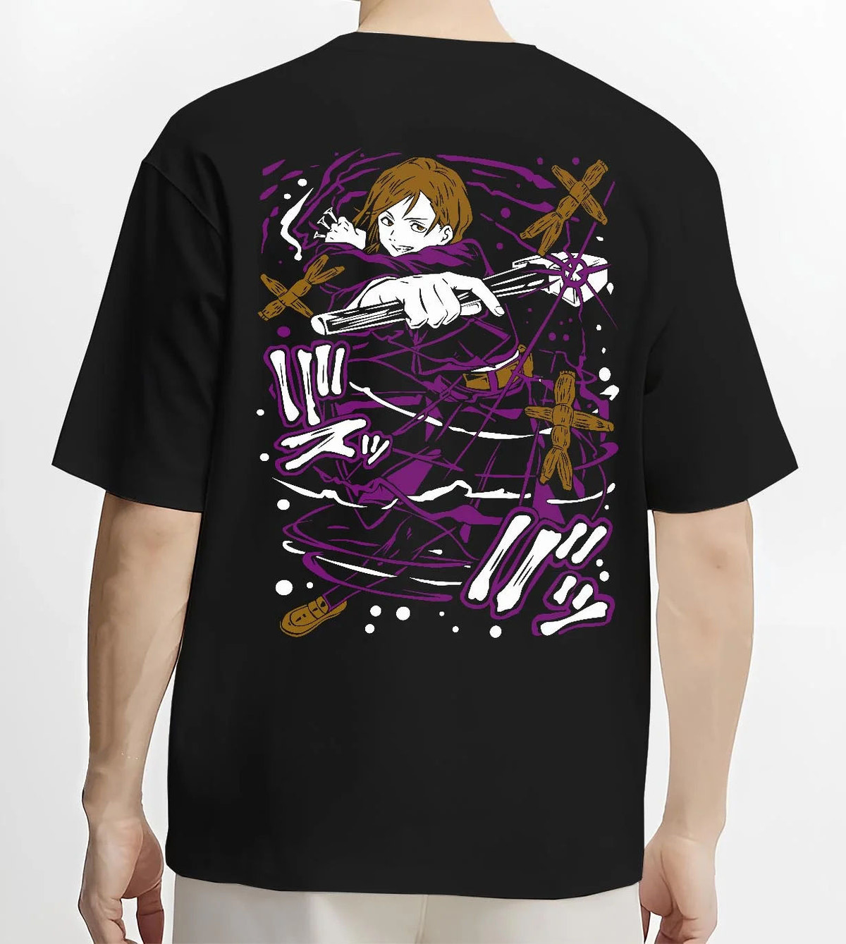 Black T-shirt worn by male model from the back featuring Nobara Kugisaki Straw Doll Technique Jujutsu Kaisen artwork.