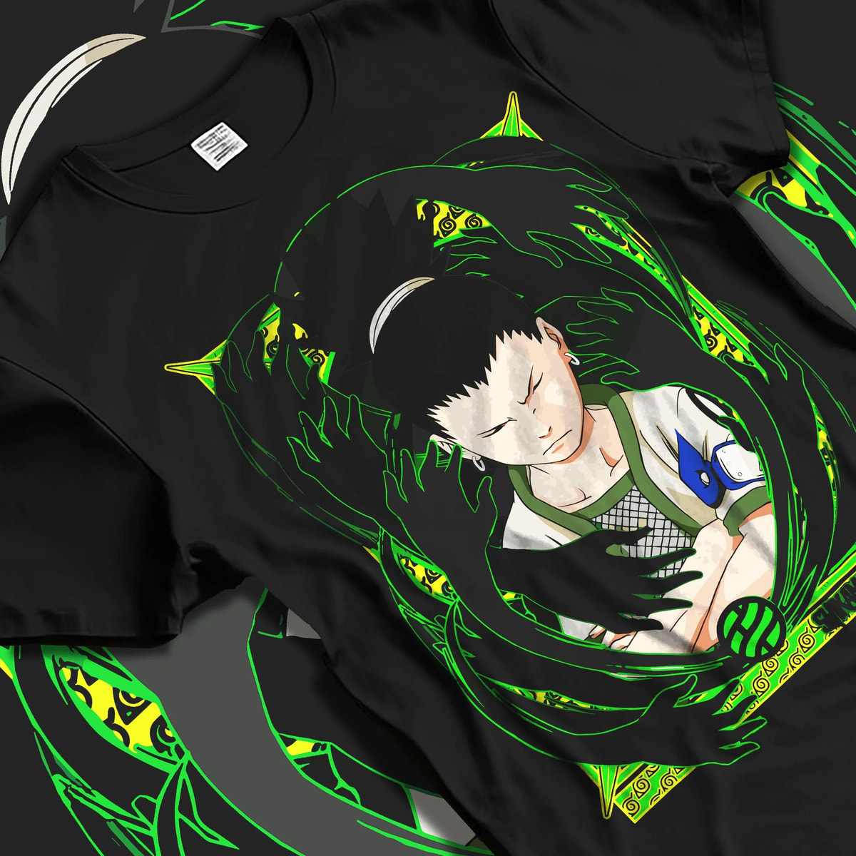Black T-shirt laid flat with natural folds featuring Shikamaru Nara Shadow Possession Jutsu Naruto artwork.