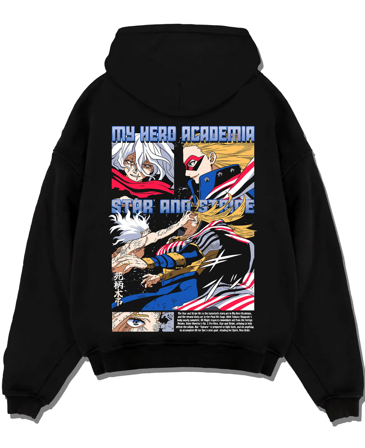 Black hoodie laid flat featuring Star and Stripe New Order quirk My Hero Academia artwork.