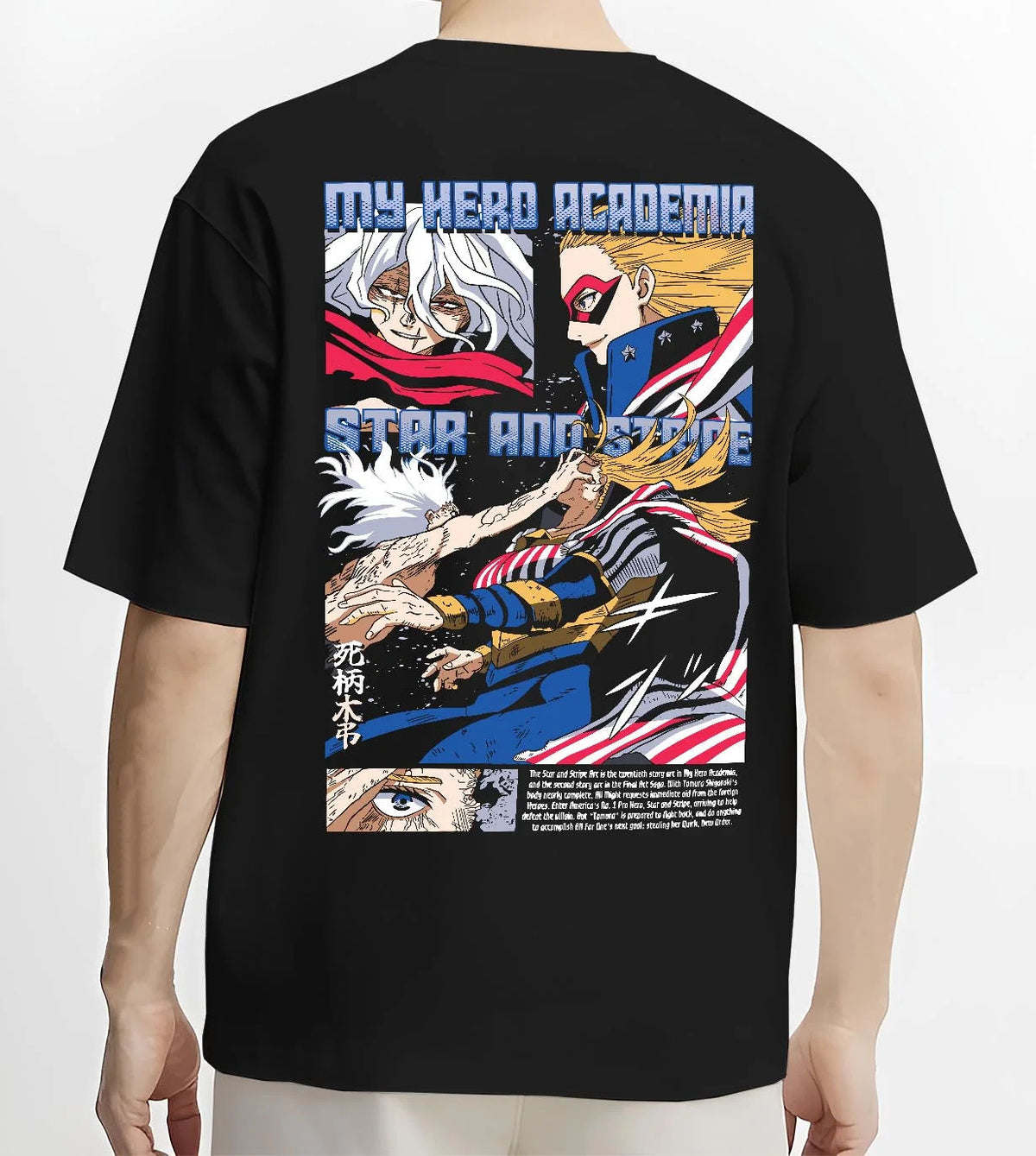 Black T-shirt worn by male model from the back featuring Star and Stripe New Order quirk My Hero Academia artwork.