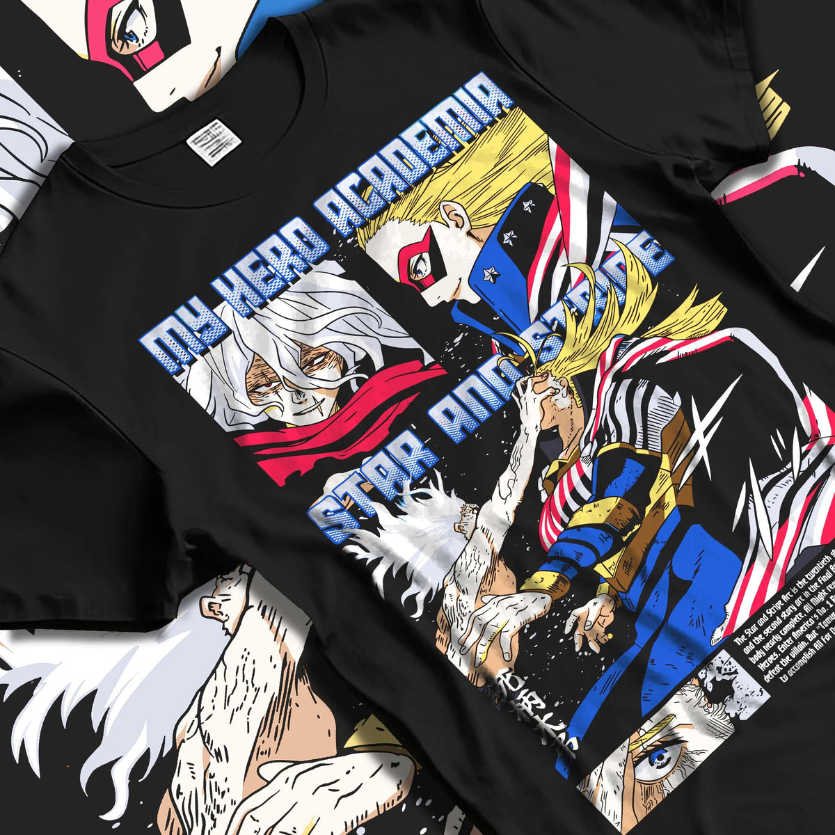Black T-shirt laid flat with natural folds featuring Star and Stripe New Order quirk My Hero Academia artwork.