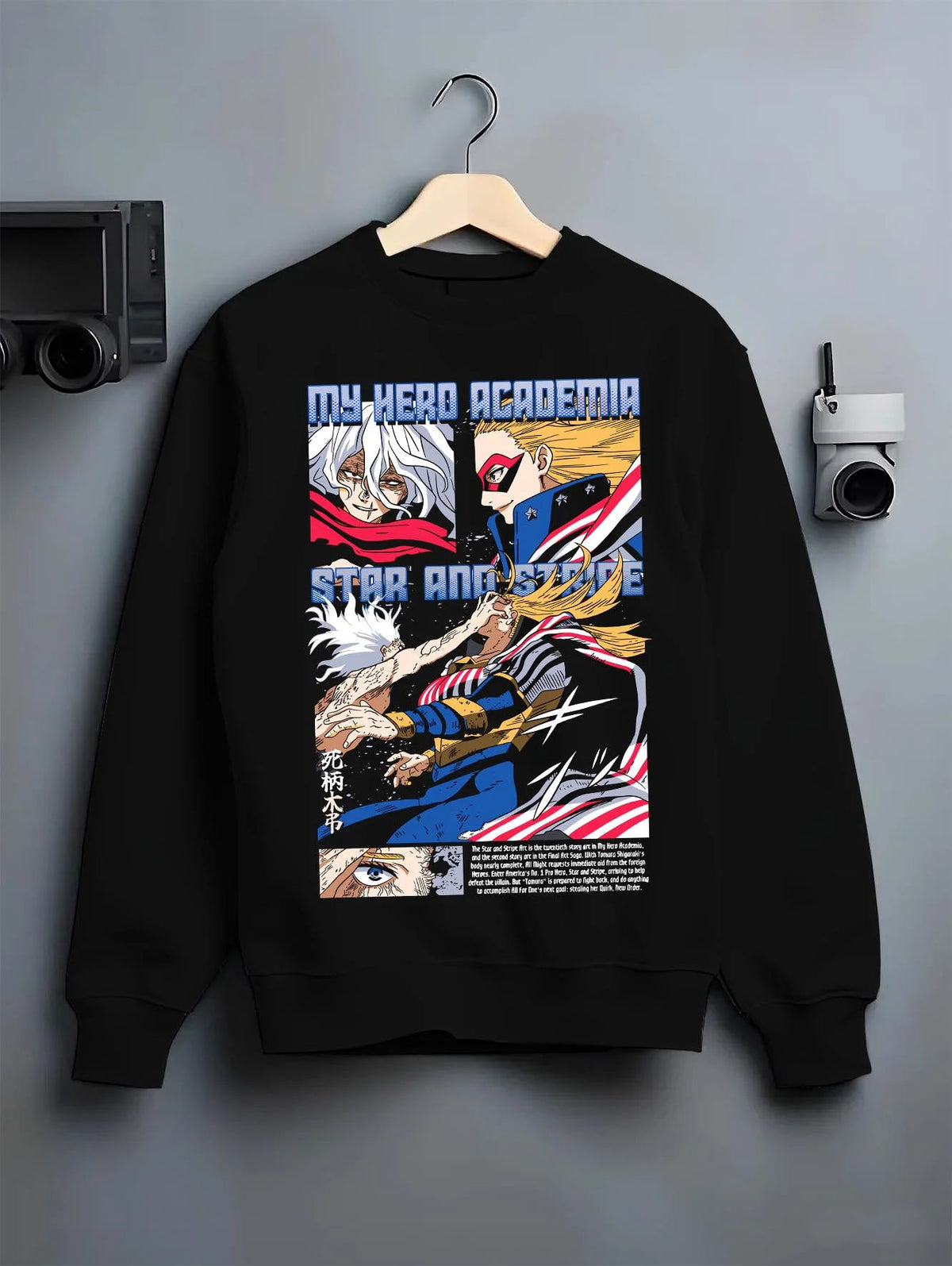 Black crewneck sweatshirt on hanger featuring Star and Stripe New Order quirk My Hero Academia artwork.