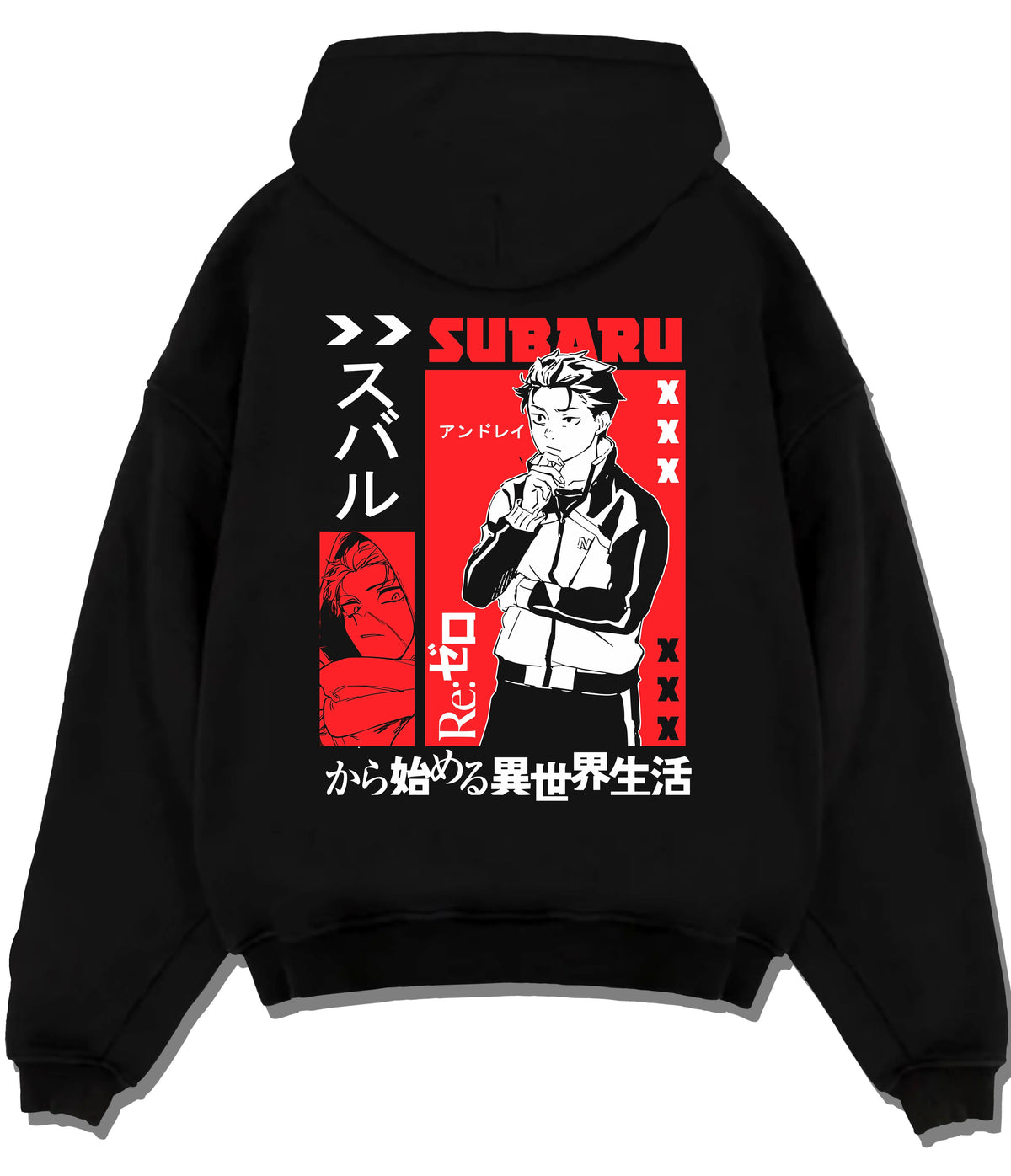Black hoodie flat back view showing Subaru Natsuki from Re:Zero: Re:Zero black/red portrait