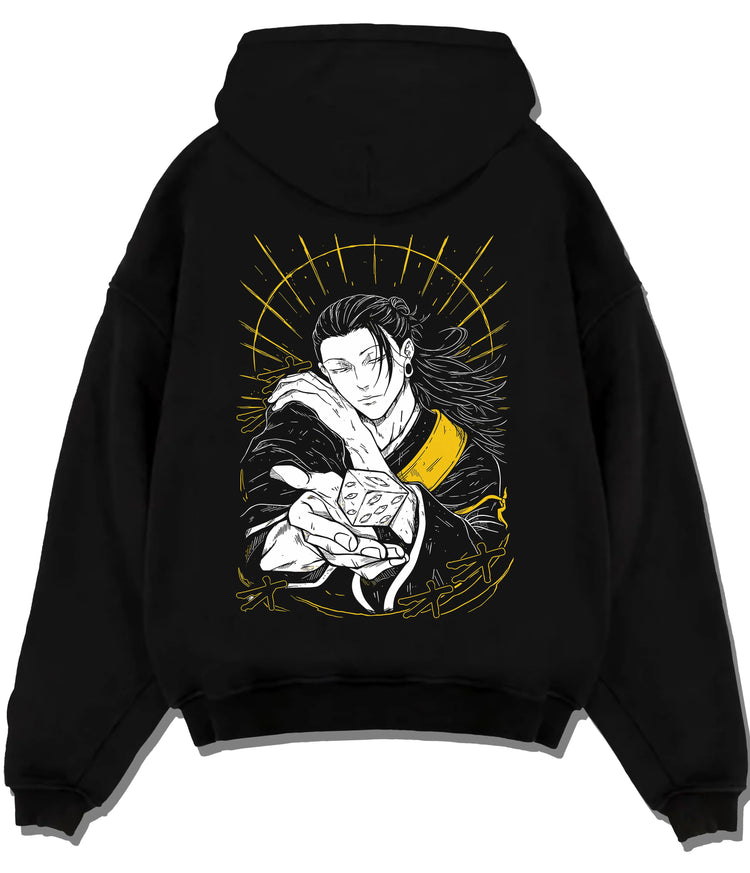 Black hoodie flat back view showing Suguru Geto from Jujutsu Kaisen: yellow/black sorcerer portrait