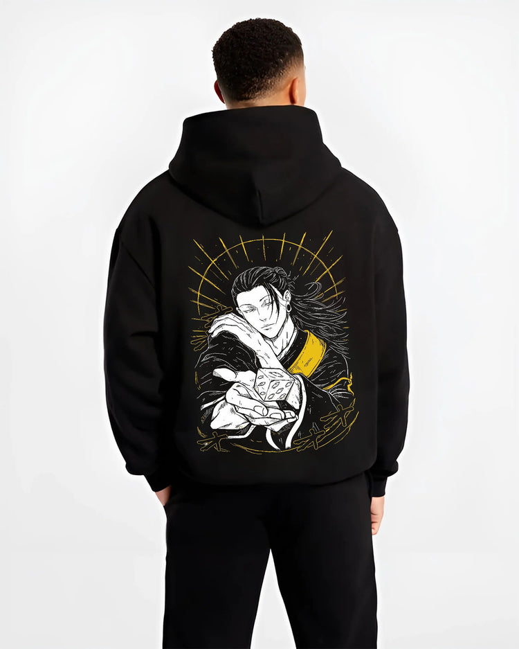 Black hoodie model back view showing Suguru Geto from Jujutsu Kaisen: yellow/black sorcerer portrait