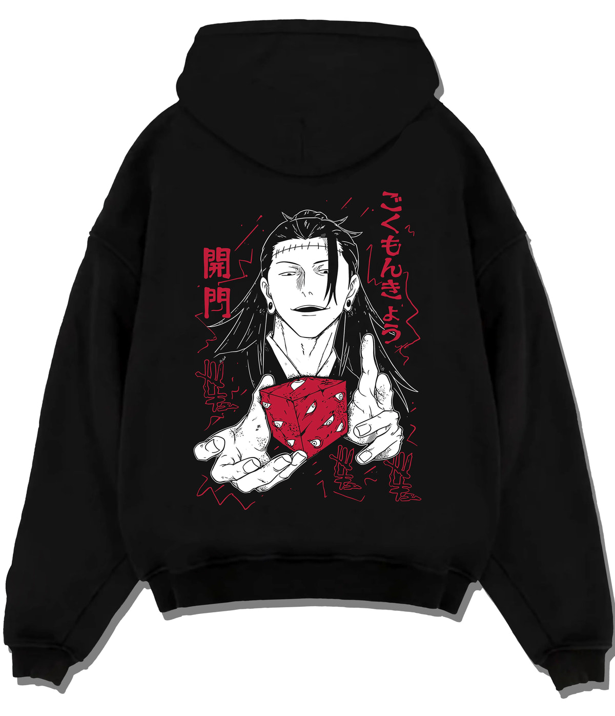 Black hoodie flat back view showing Suguru Geto from Jujutsu Kaisen: black-haired sorcerer with red die