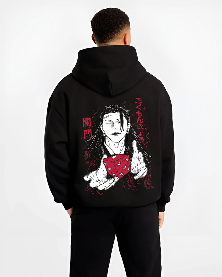 Black hoodie model back view showing Suguru Geto from Jujutsu Kaisen: black-haired sorcerer with red die