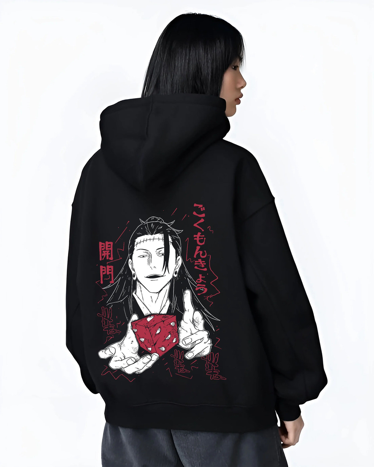 Black hoodie female model back view showing Suguru Geto from Jujutsu Kaisen: black-haired sorcerer with red die