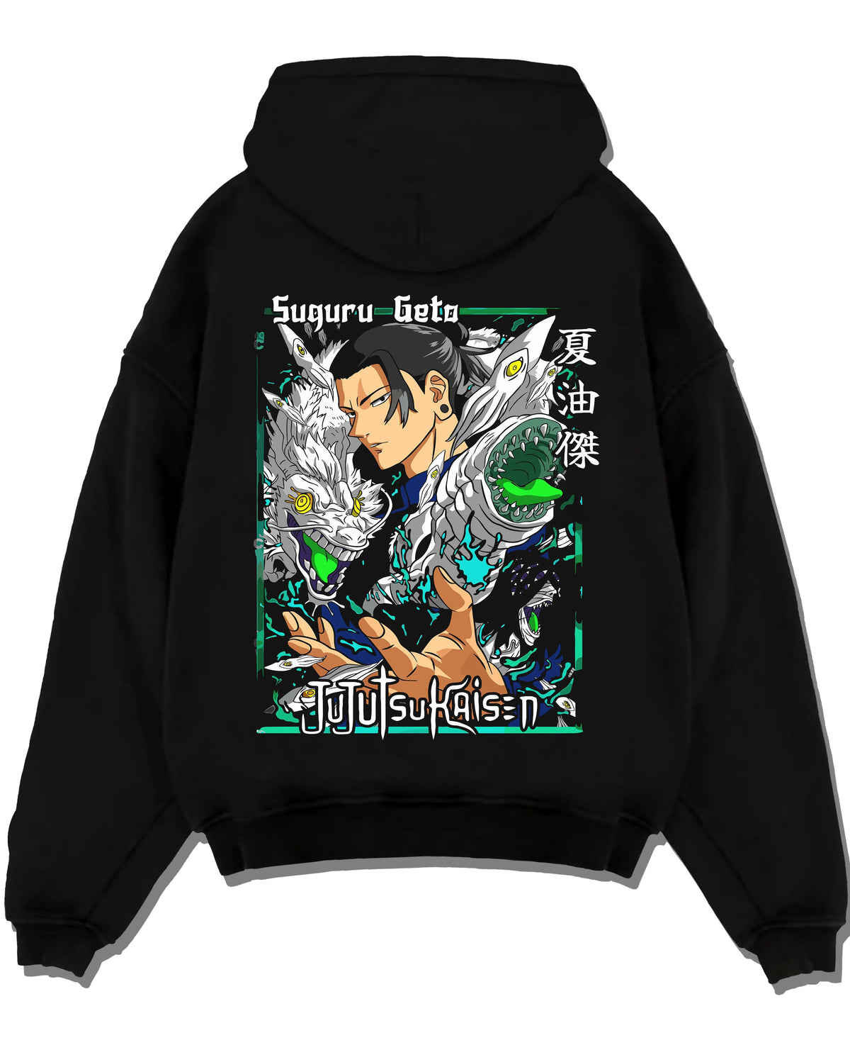 Black hoodie laid flat featuring Suguru Geto cursed spirit manipulation Jujutsu Kaisen artwork.