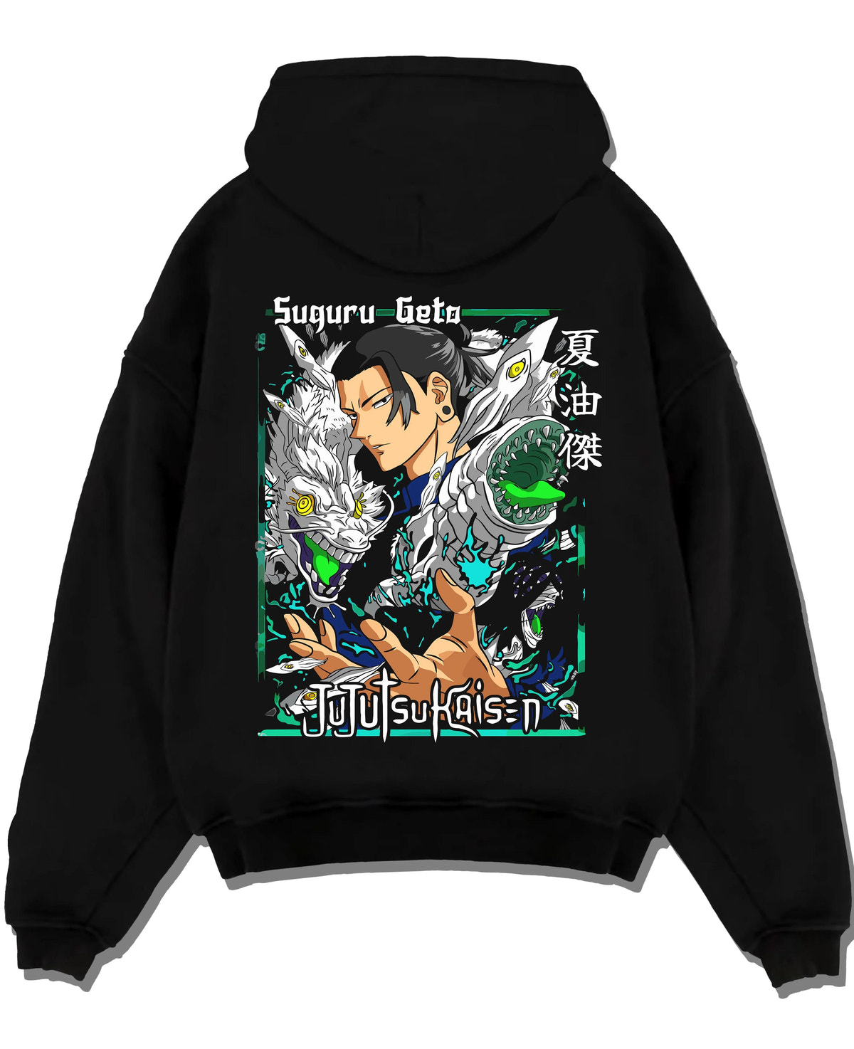 Black hoodie laid flat featuring Suguru Geto cursed spirit manipulation Jujutsu Kaisen artwork.