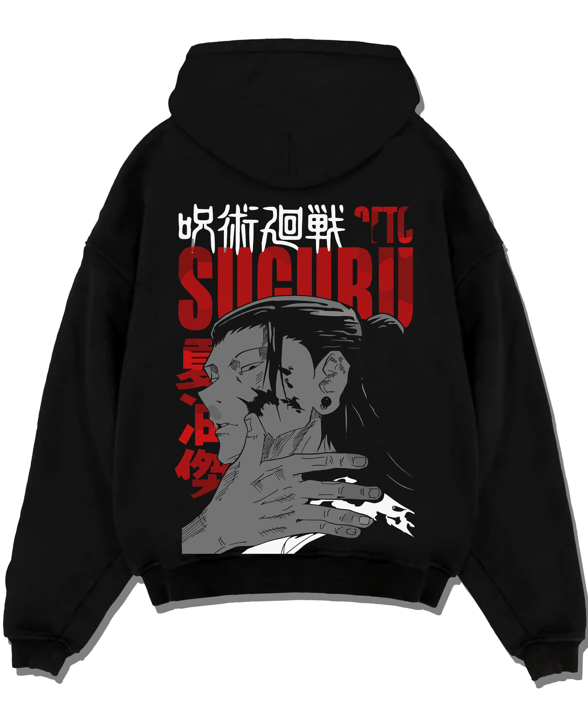 Black hoodie laid flat featuring Suguru Geto cursed spirit portrait Jujutsu Kaisen artwork.