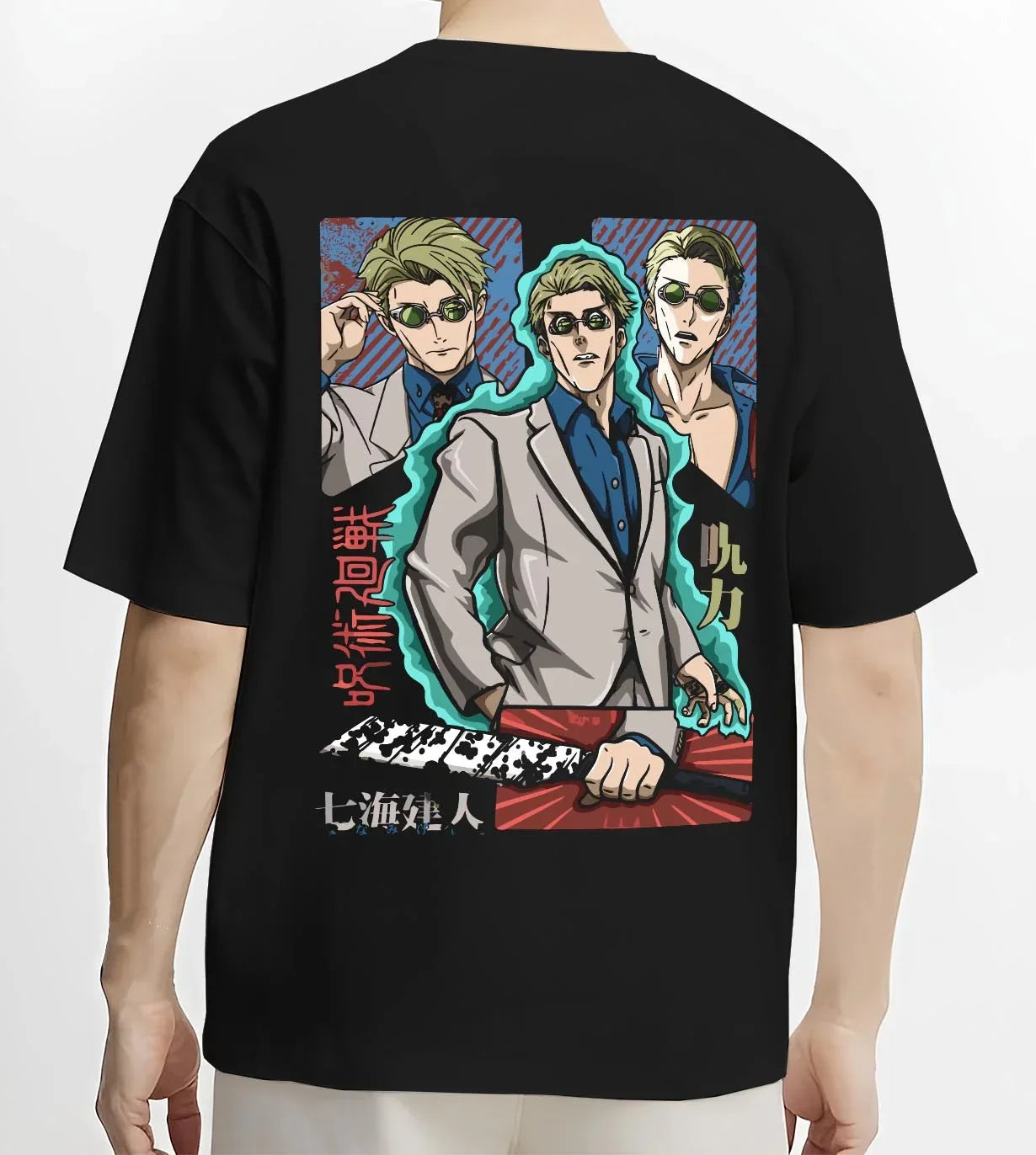 Black T-shirt worn by male model, back view with Nanami Kento Hoodie Jujutsu Kaisen Business Suit graphic premium wear.