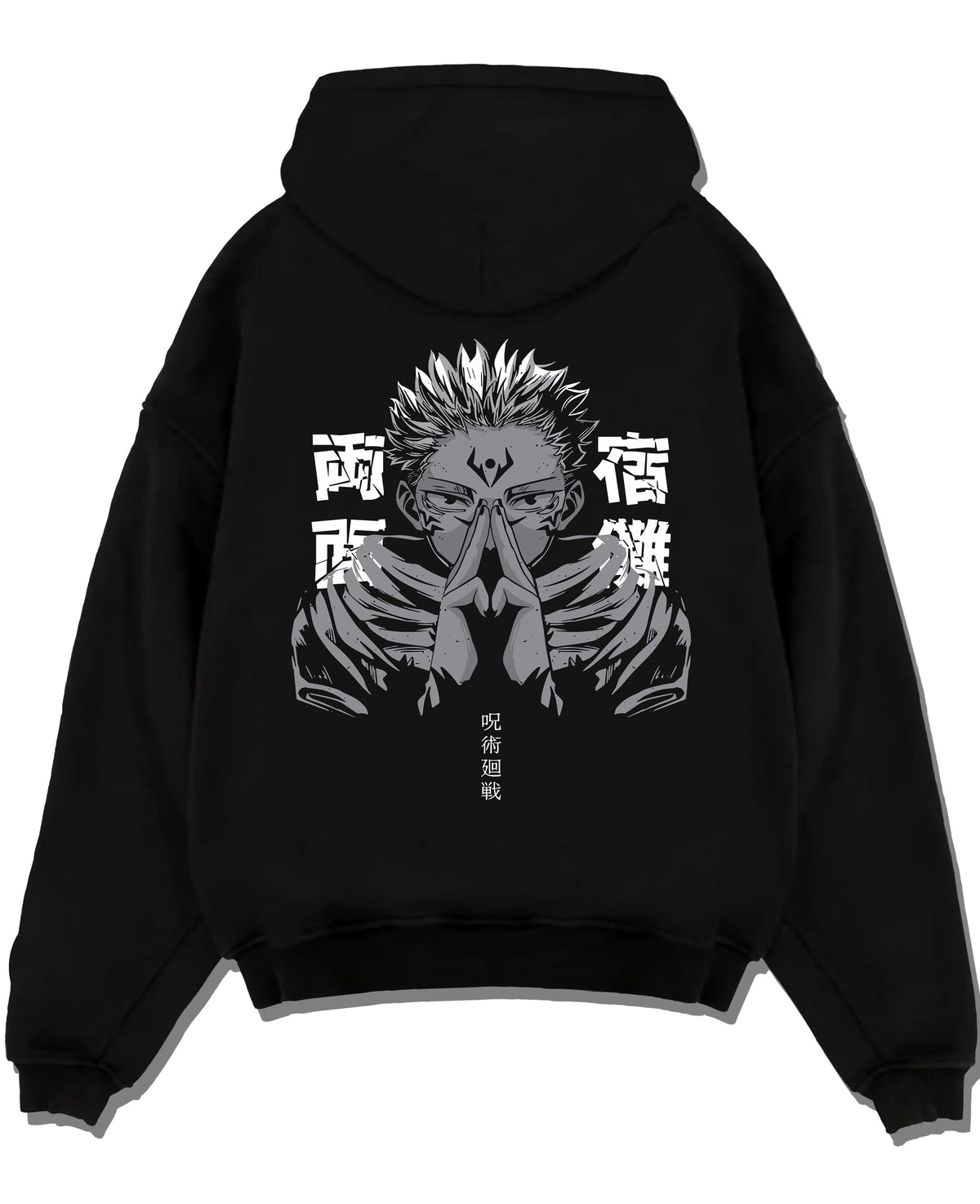 Black hoodie laid flat featuring Ryomen Sukuna domain hand sign Jujutsu Kaisen artwork.