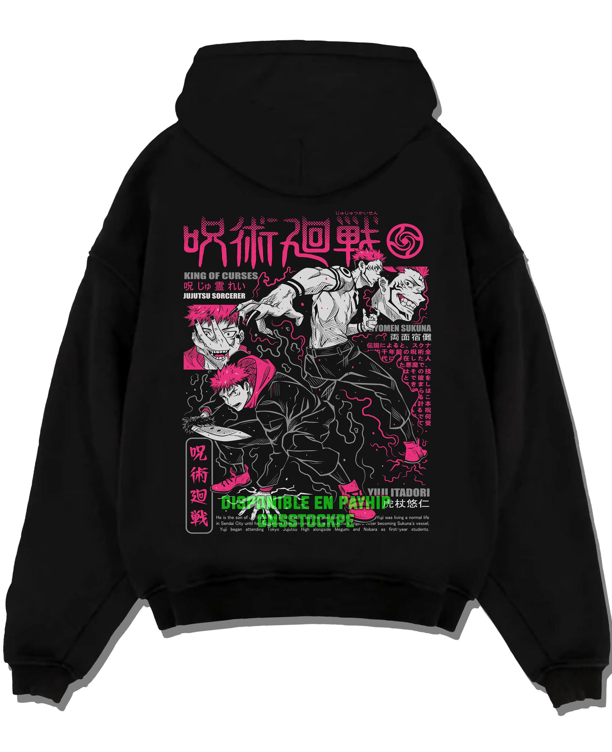 Black hoodie laid flat featuring Ryomen Sukuna King of Curses battle collage Jujutsu Kaisen artwork.