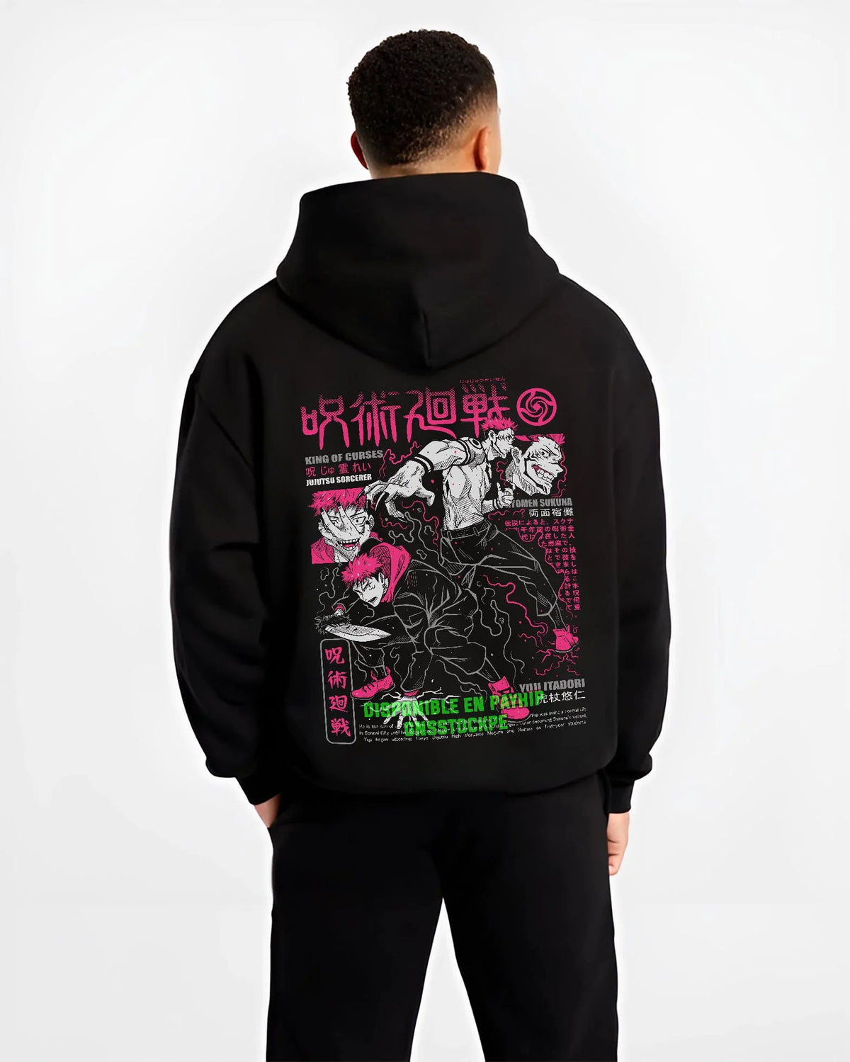 Black hoodie worn by male model from the back featuring Ryomen Sukuna King of Curses battle collage Jujutsu Kaisen artwork.