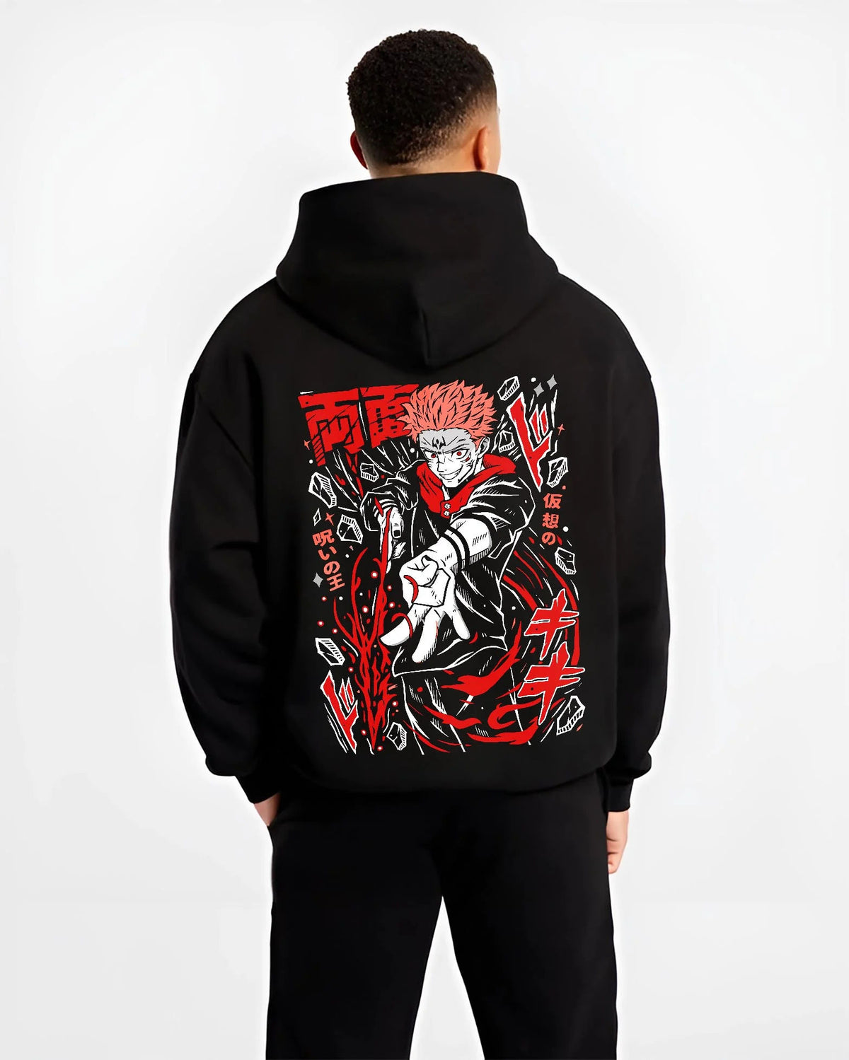 Black hoodie worn by male model from the back featuring Ryomen Sukuna Domain Expansion Jujutsu Kaisen artwork.