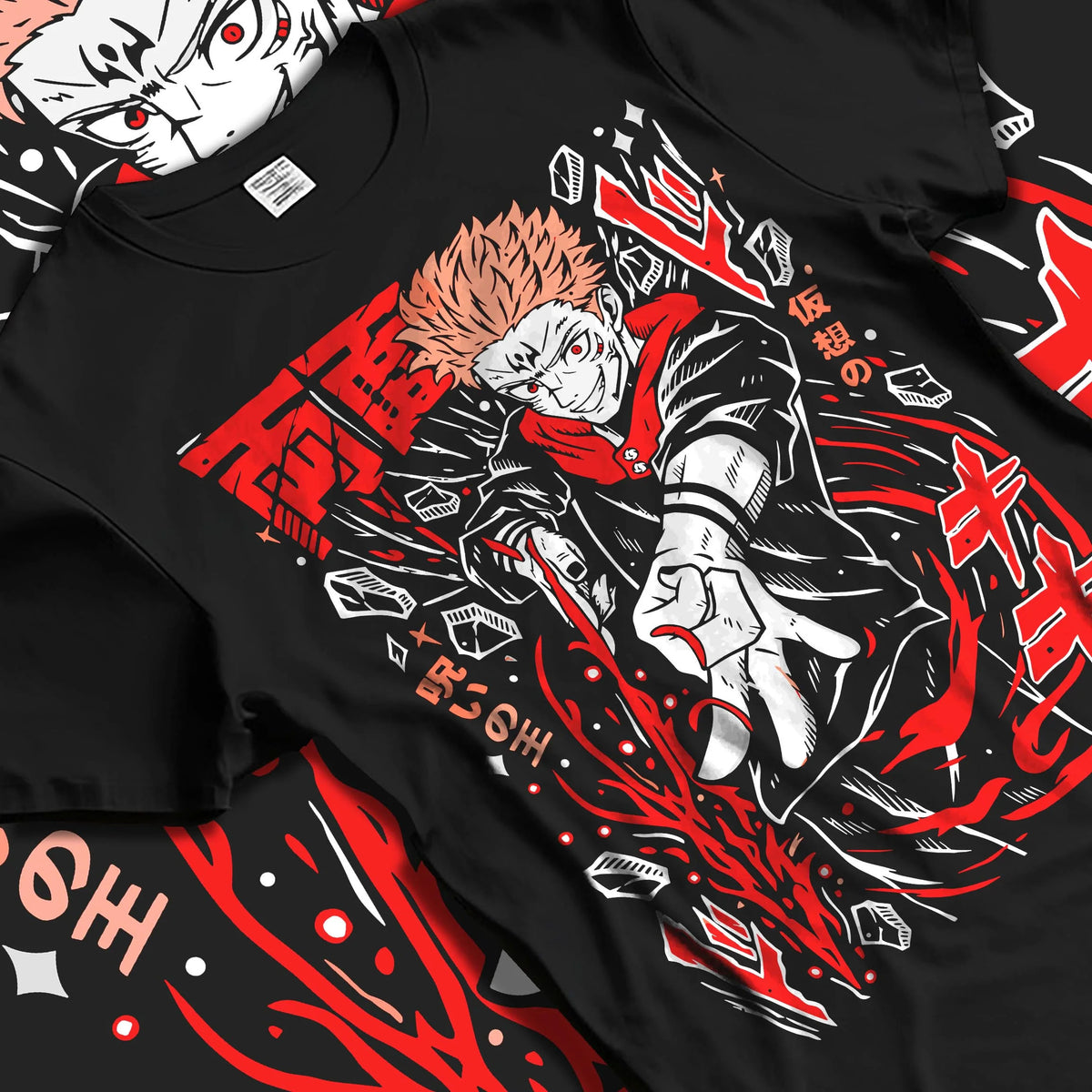 Black T-shirt laid flat with natural folds featuring Ryomen Sukuna Domain Expansion Jujutsu Kaisen artwork.