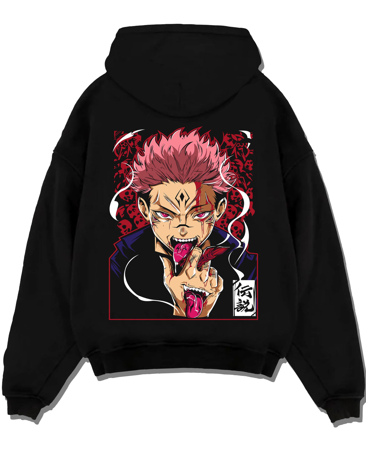 Black hoodie laid flat featuring Sukuna Yuji possession Jujutsu Kaisen artwork.