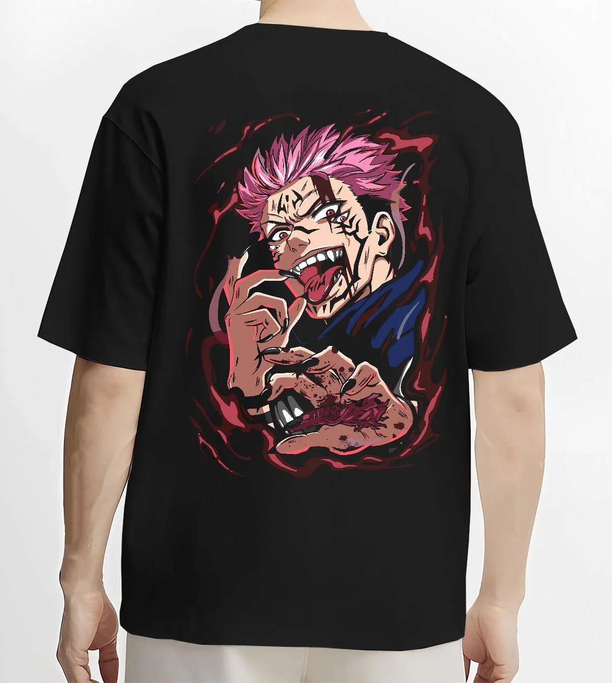 Black T-shirt worn by male model from the back featuring Ryomen Sukuna red cursed energy Jujutsu Kaisen artwork.