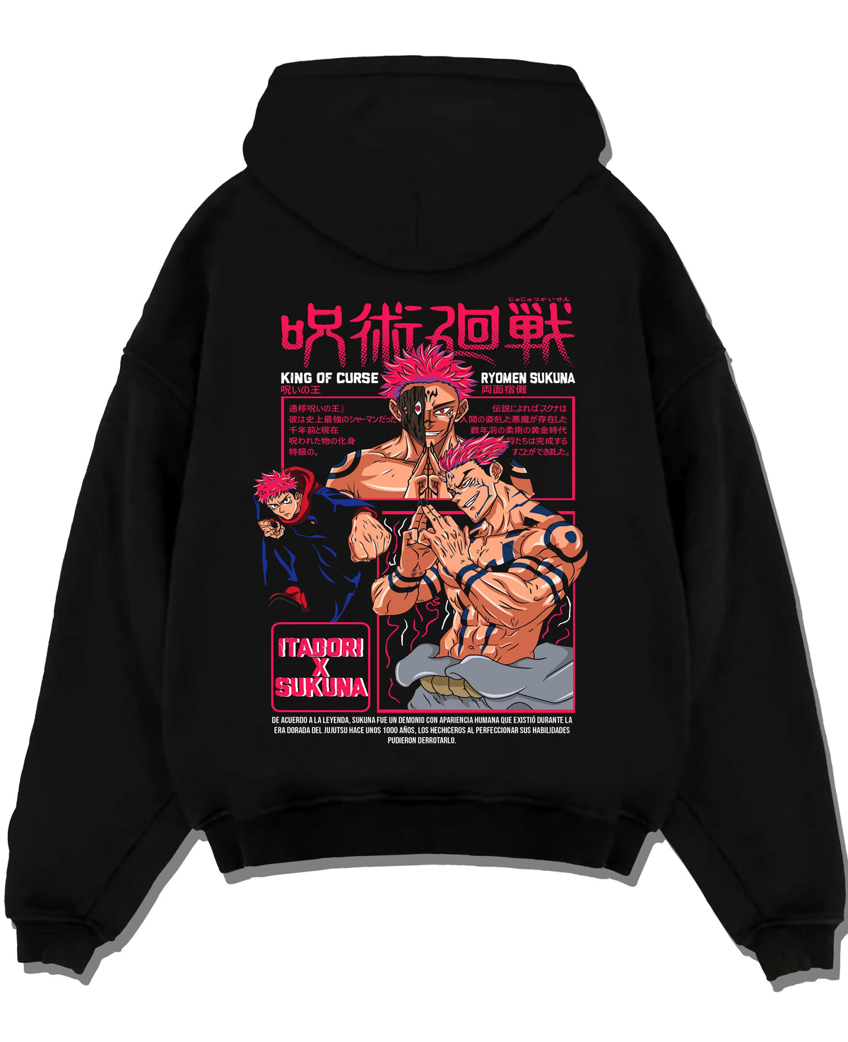 Black hoodie laid flat featuring Ryomen Sukuna Malevolent Shrine Jujutsu Kaisen artwork.