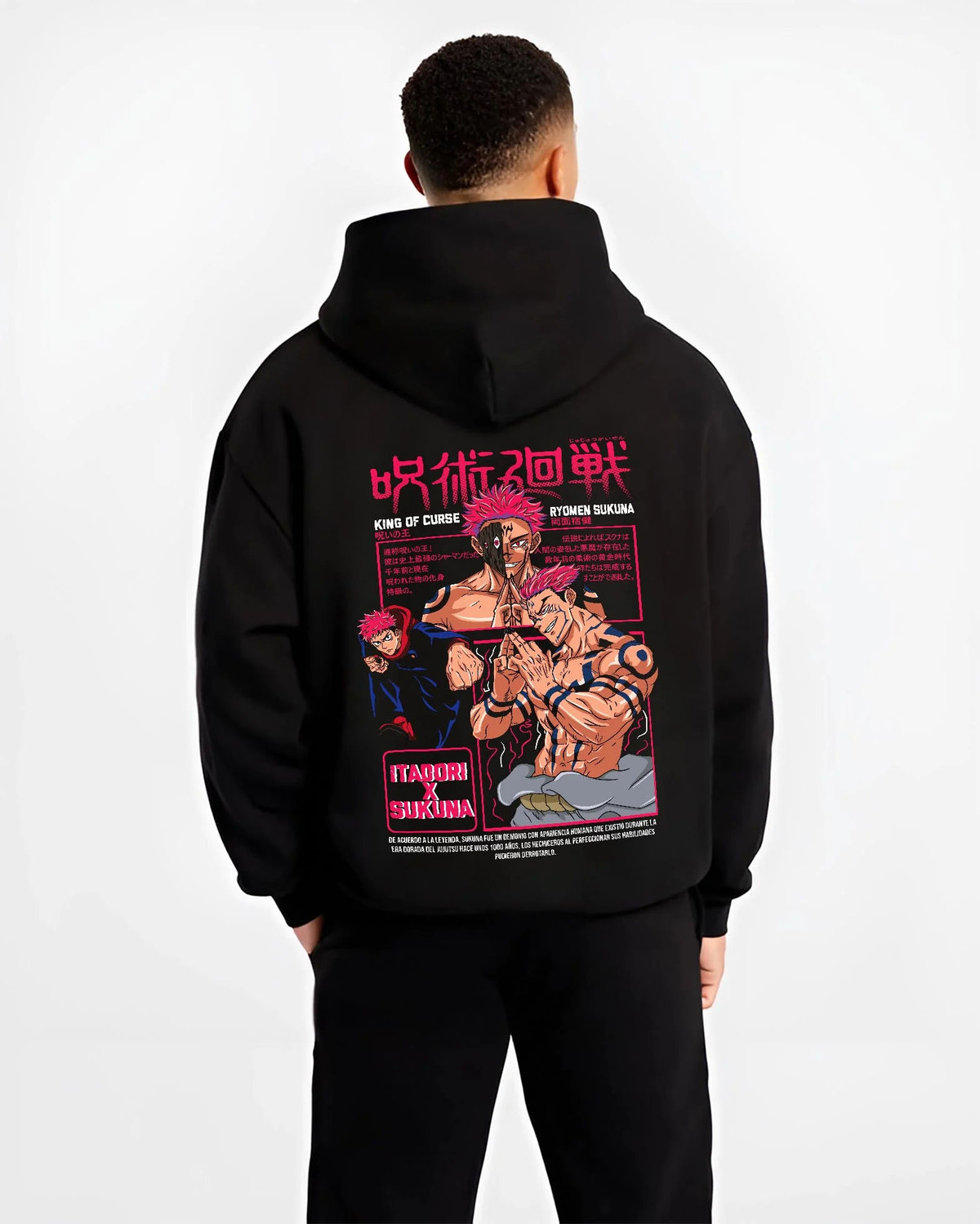 Black hoodie worn by male model from the back featuring Ryomen Sukuna Malevolent Shrine Jujutsu Kaisen artwork.