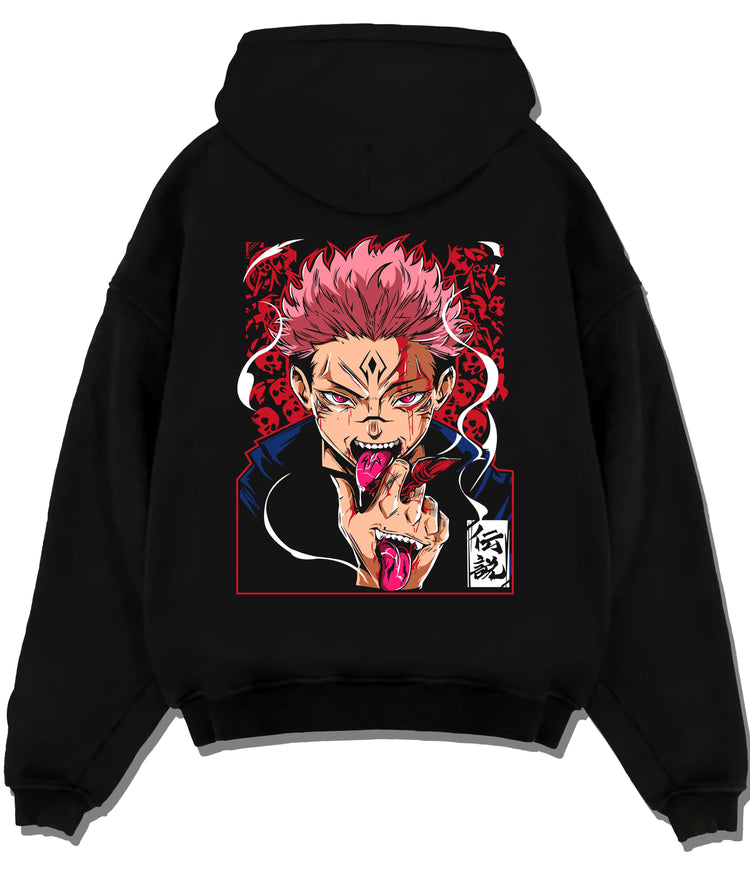 Black hoodie flat back view showing Ryomen Sukuna from Jujutsu Kaisen: pink-haired demon markings