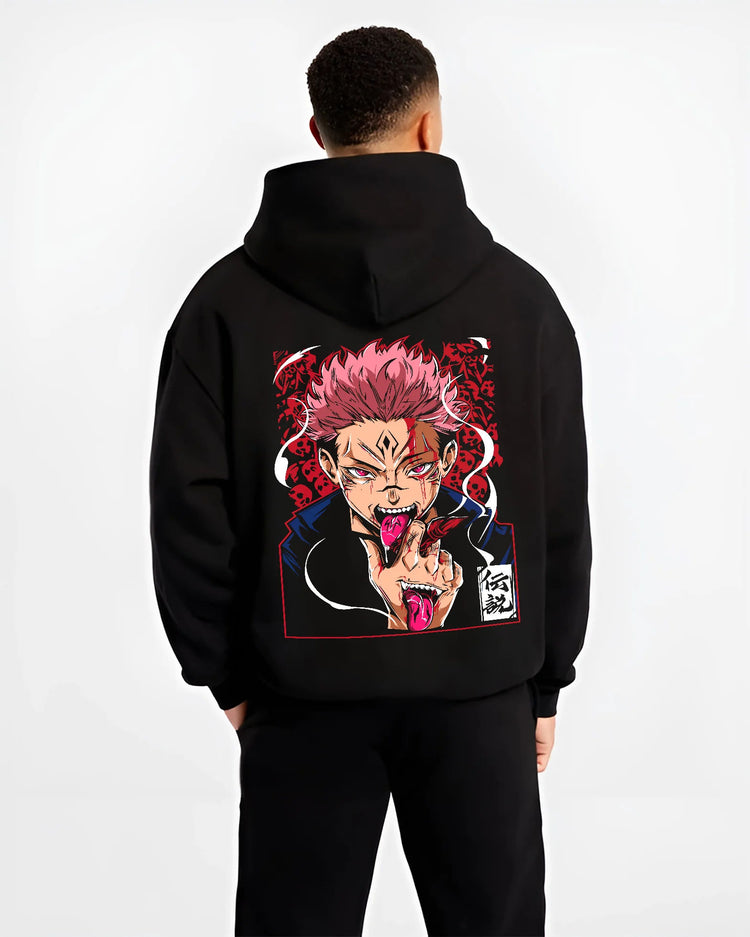 Black hoodie model back view showing Ryomen Sukuna from Jujutsu Kaisen: pink-haired demon markings
