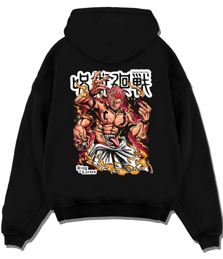 Black hoodie flat back view showing Ryomen Sukuna from Jujutsu Kaisen: muscular fiery portrait