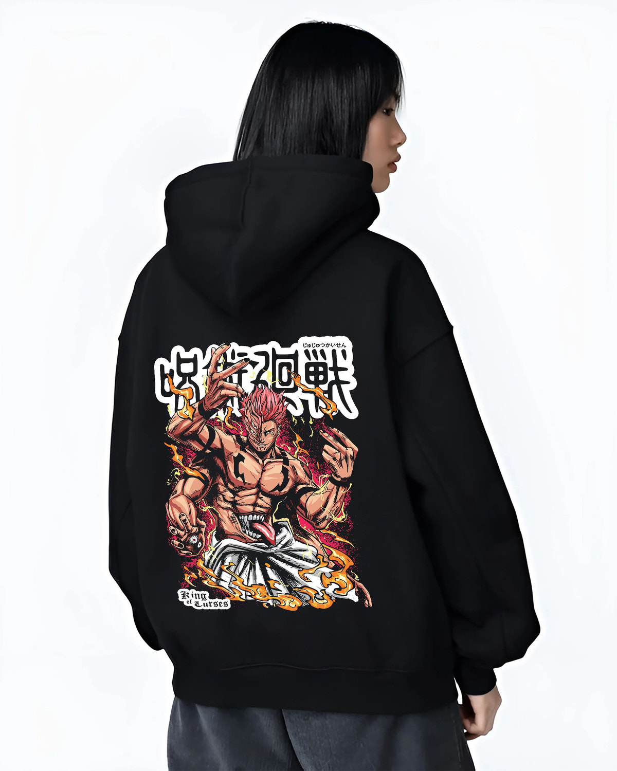 Black hoodie female model back view showing Ryomen Sukuna from Jujutsu Kaisen: muscular fiery portrait