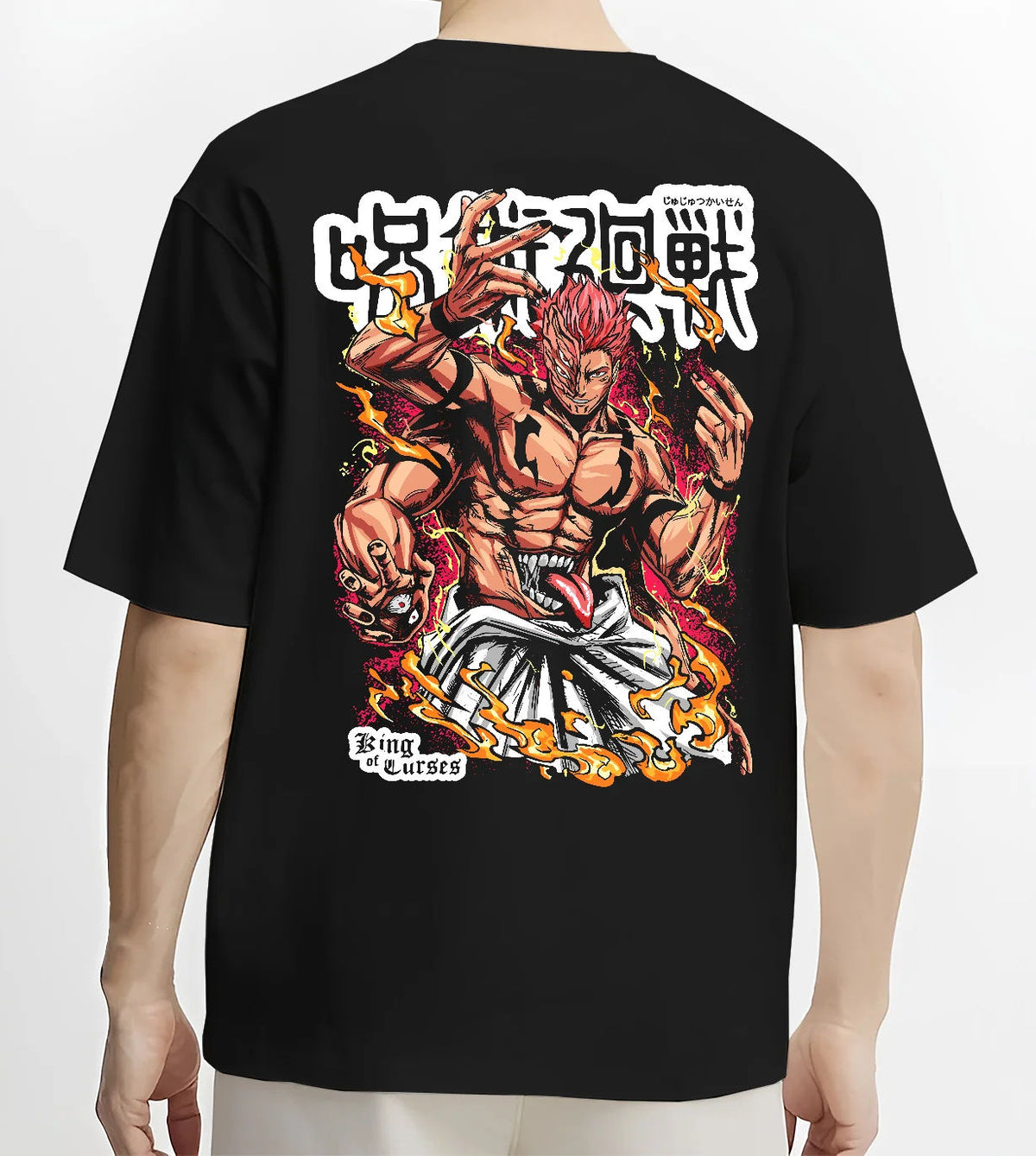 Black T-shirt model back view showing Ryomen Sukuna from Jujutsu Kaisen: muscular fiery portrait