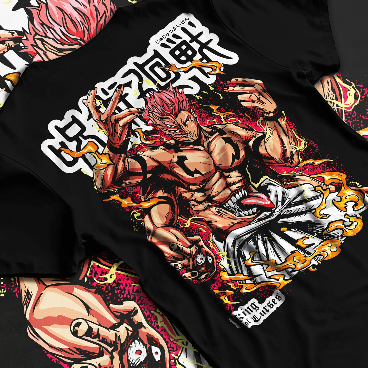 Black T-shirt flat back view showing Ryomen Sukuna from Jujutsu Kaisen: muscular fiery portrait