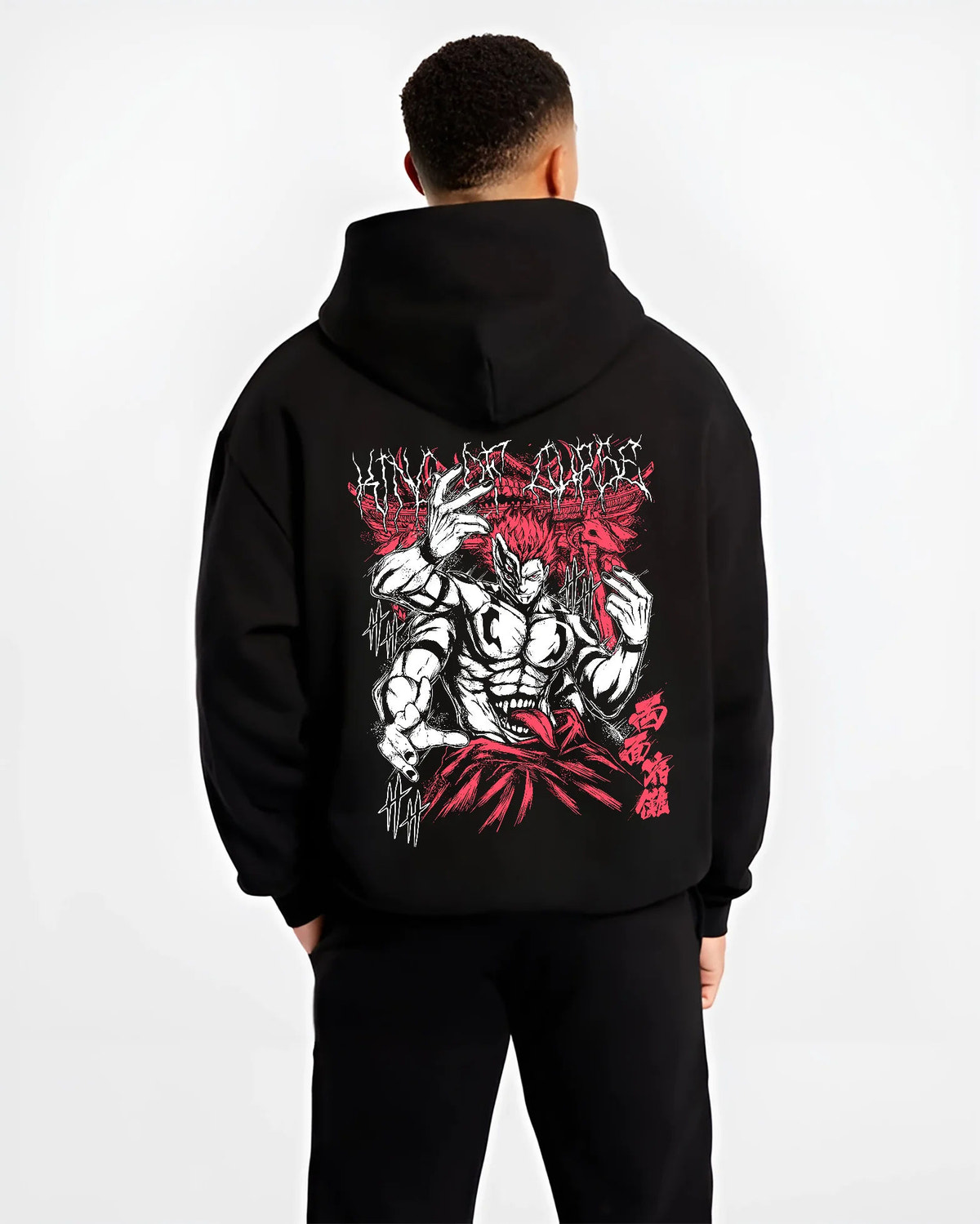 Black hoodie model back view showing Ryomen Sukuna from Jujutsu Kaisen: muscular dark red illustration