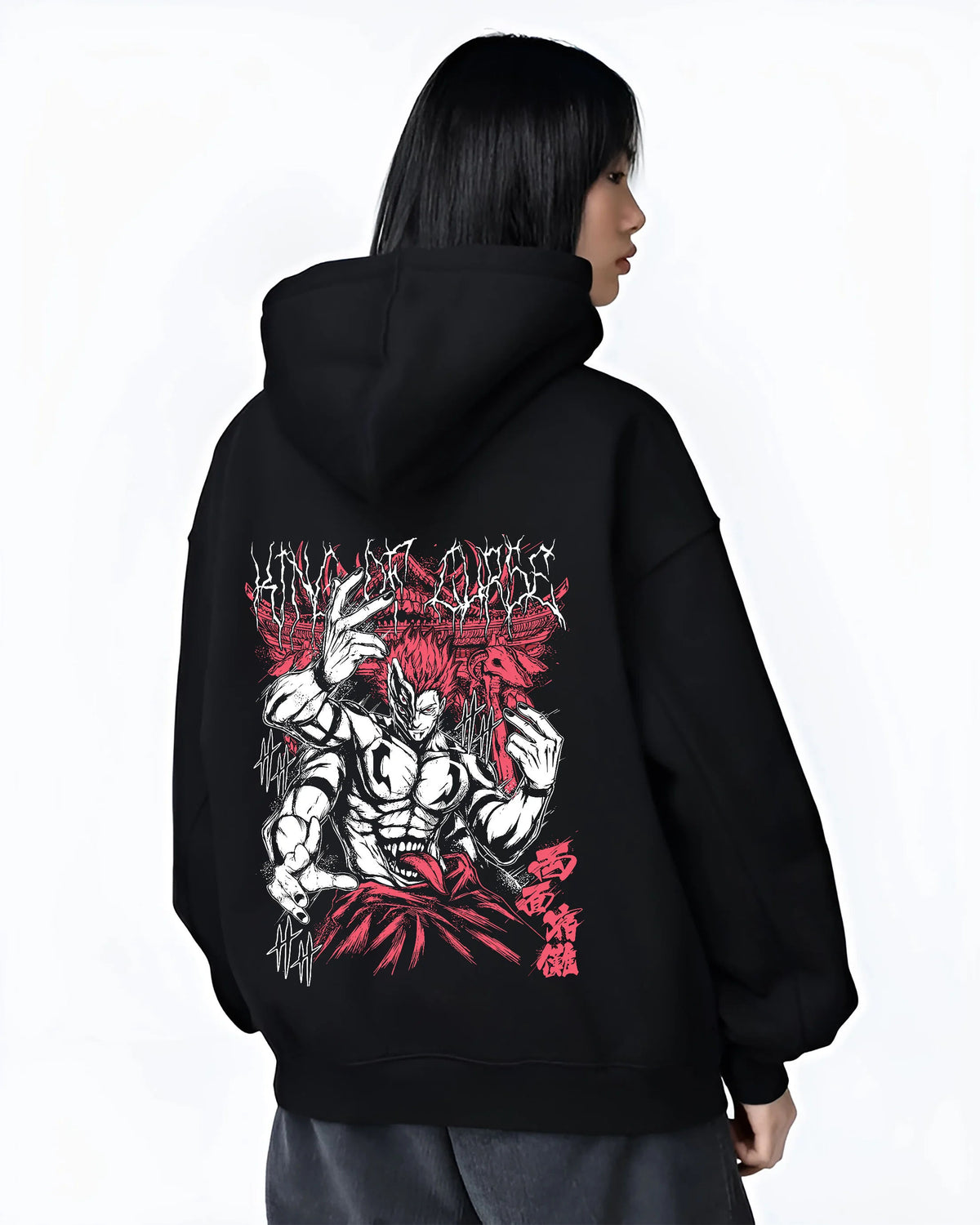 Black hoodie female model back view showing Ryomen Sukuna from Jujutsu Kaisen: muscular dark red illustration