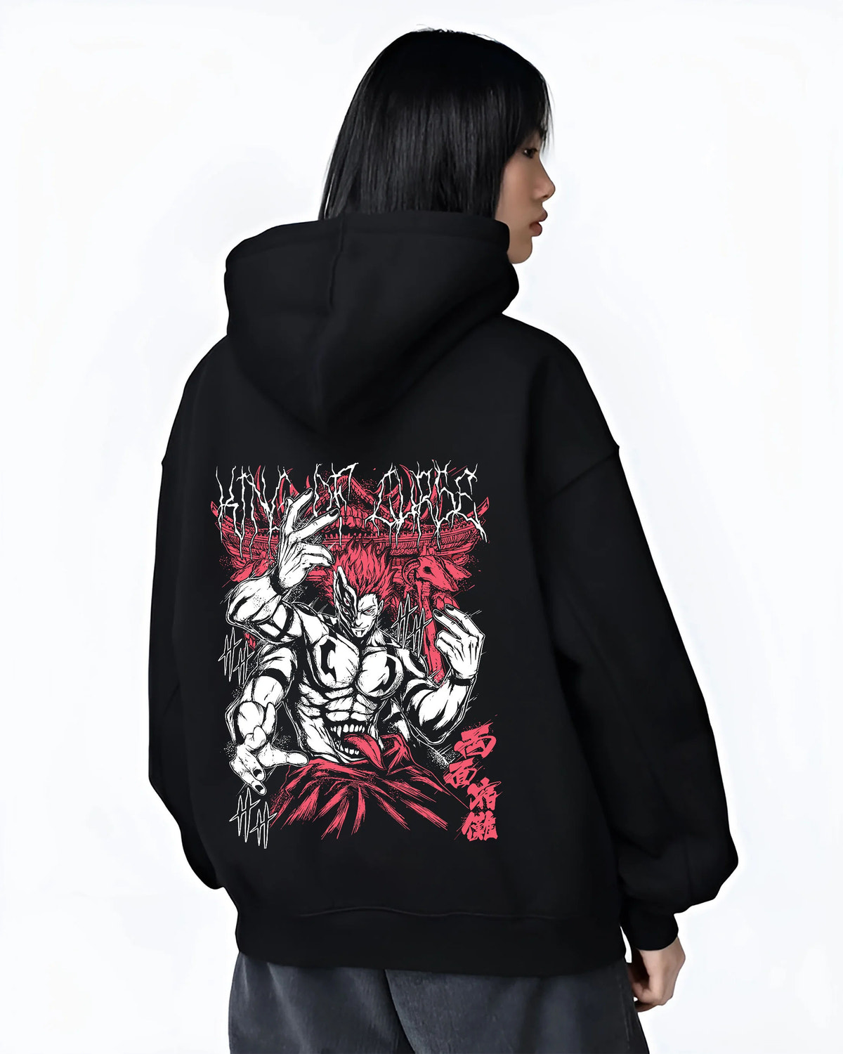 Black hoodie female model back view showing Ryomen Sukuna from Jujutsu Kaisen: muscular dark red illustration