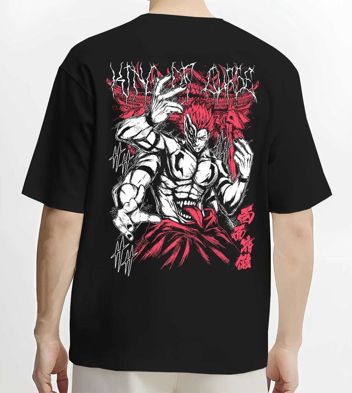 Black T-shirt model back view showing Ryomen Sukuna from Jujutsu Kaisen: muscular dark red illustration