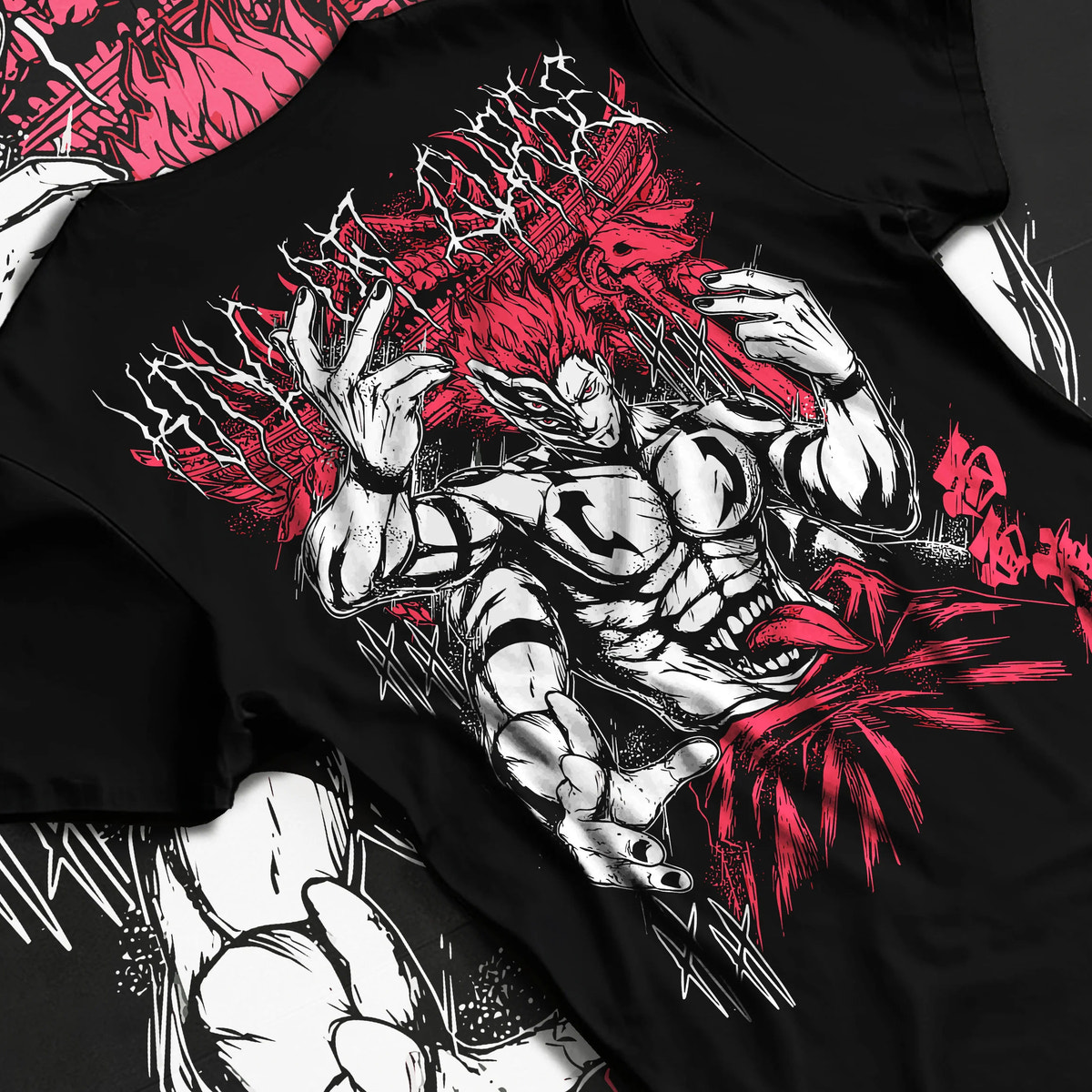Black T-shirt flat back view showing Ryomen Sukuna from Jujutsu Kaisen: muscular dark red illustration