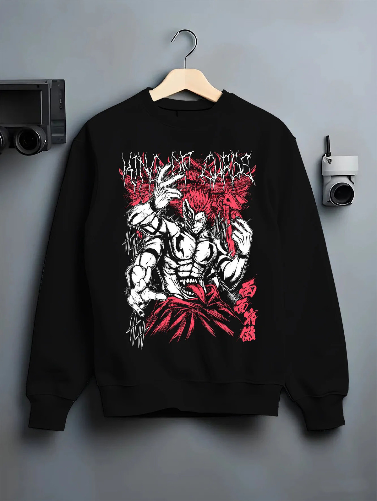 Black crewneck sweatshirt on hanger showing Ryomen Sukuna from Jujutsu Kaisen: muscular dark red illustration