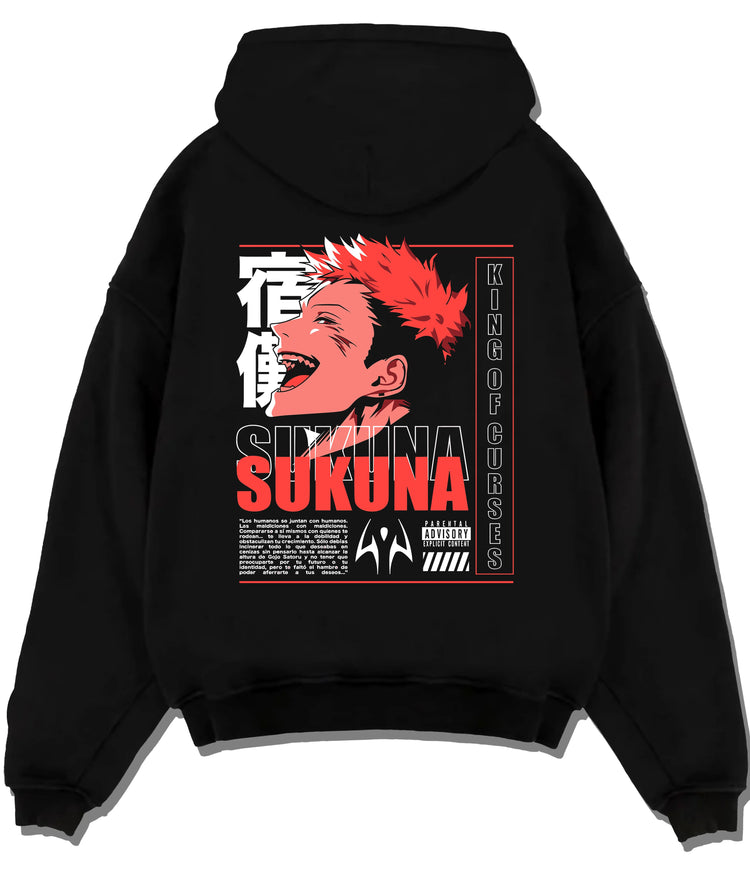 Black hoodie flat back view showing Ryomen Sukuna from Jujutsu Kaisen: screaming orange-haired poster