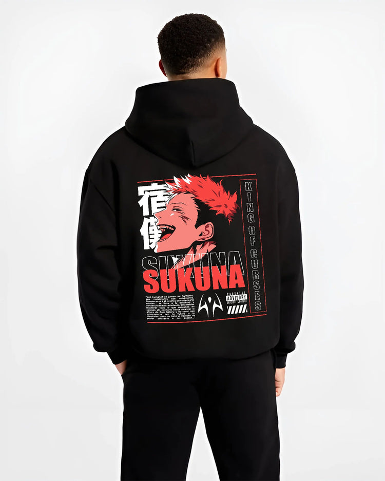 Black hoodie model back view showing Ryomen Sukuna from Jujutsu Kaisen: screaming orange-haired poster