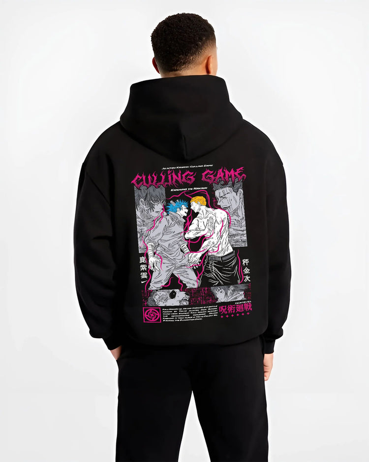 Black hoodie model back view with White-haired Jujutsu Kaisen character illustrated back graphic