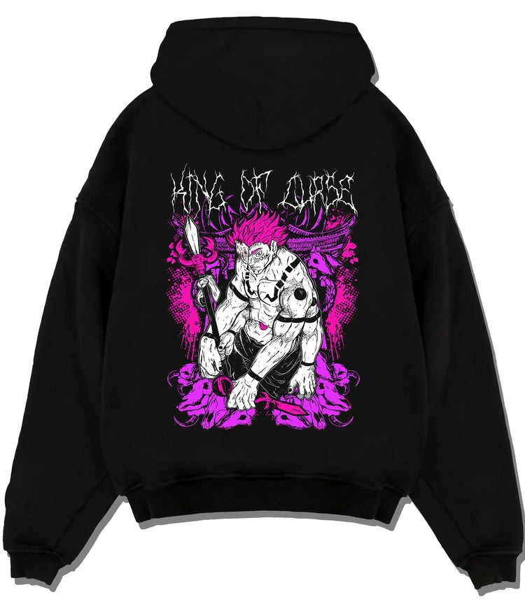 Black hoodie flat back view with Ryomen Sukuna from Jujutsu Kaisen illustrated back graphic
