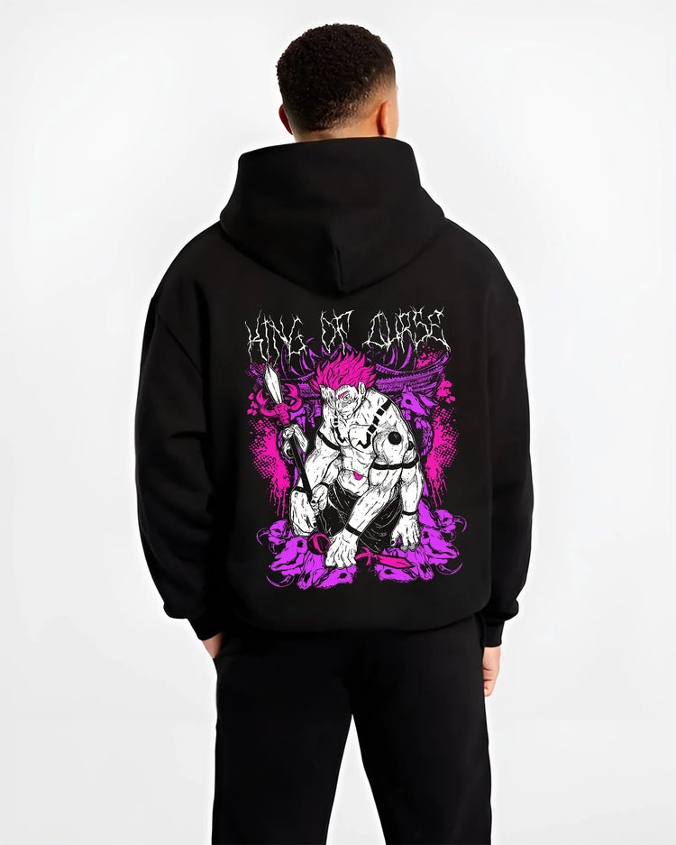 Black hoodie model back view with Ryomen Sukuna from Jujutsu Kaisen illustrated back graphic