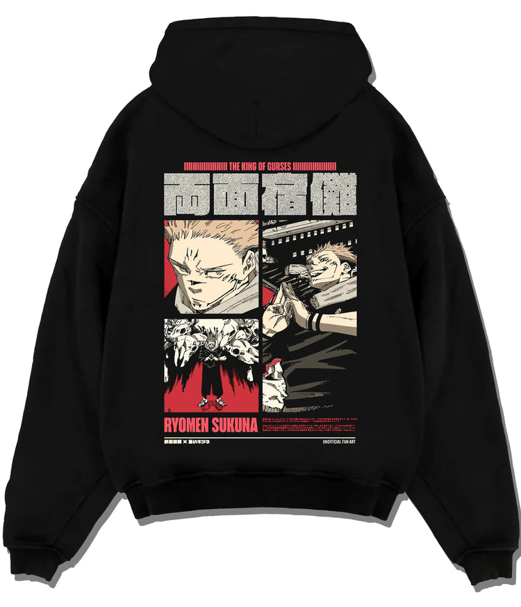 Black hoodie flat back view showing Ryomen Sukuna from Jujutsu Kaisen: black-and-white manga panels