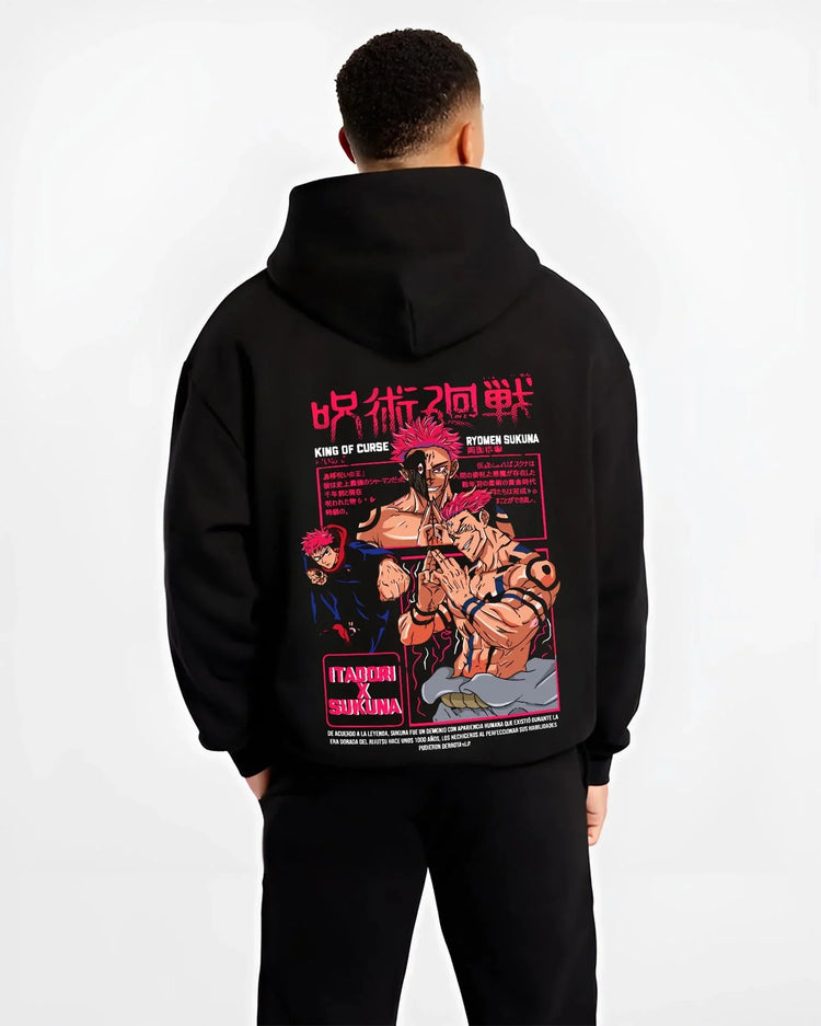 Black hoodie worn by male model, back view with Sukuna Hoodie Jujutsu Kaisen King of Curses graphic premium wear.