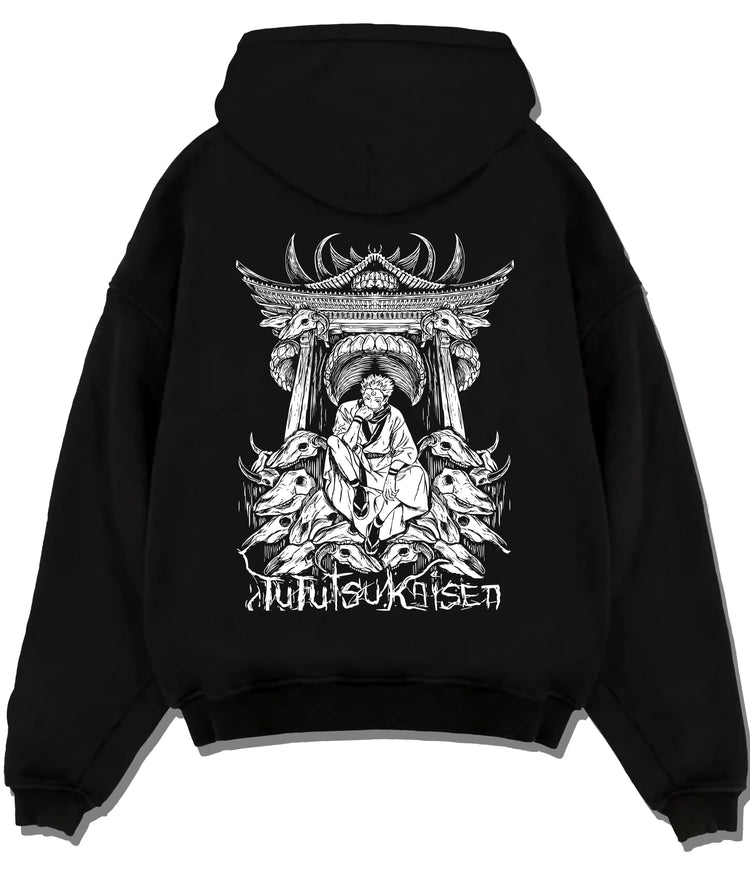 Black hoodie flat back view showing Ryomen Sukuna from Jujutsu Kaisen: seated shrine/throne