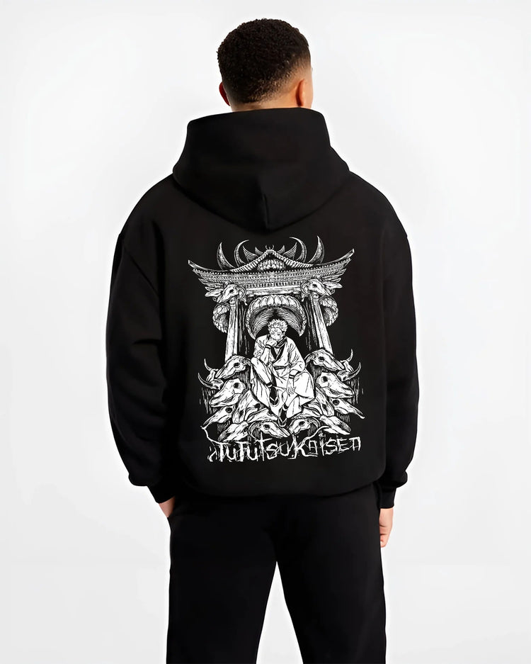 Black hoodie model back view showing Ryomen Sukuna from Jujutsu Kaisen: seated shrine/throne