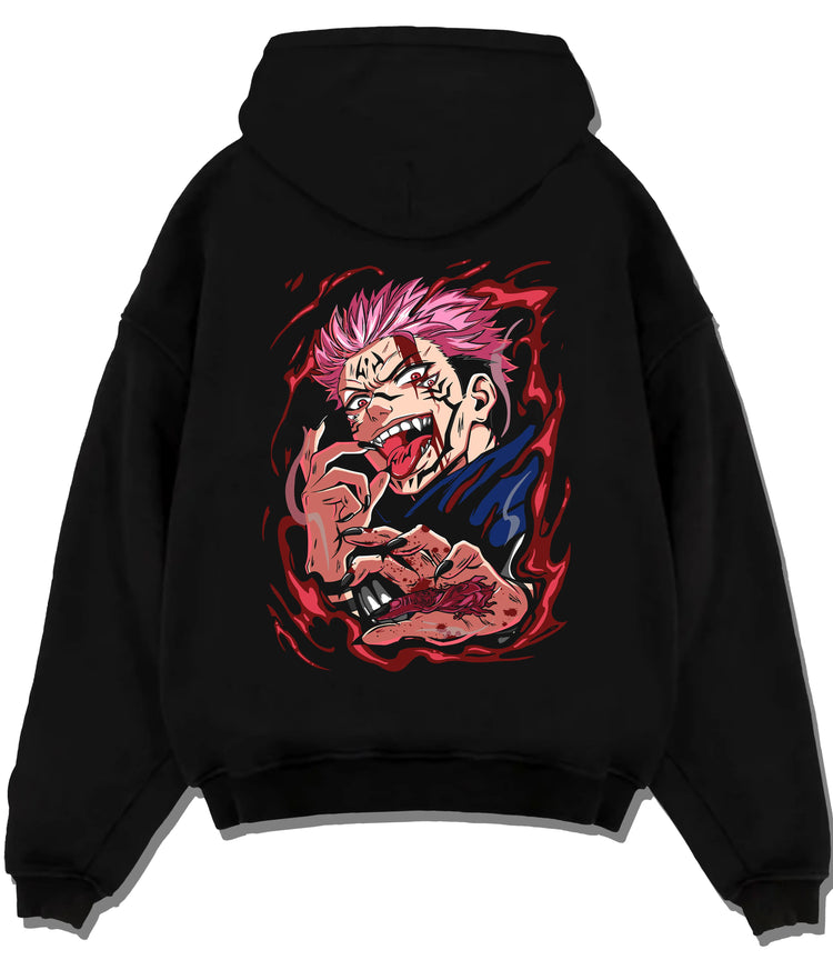 Black hoodie flat back view with Yuji Itadori with Sukuna facial markings from Jujutsu Kaisen illustrated back graphic