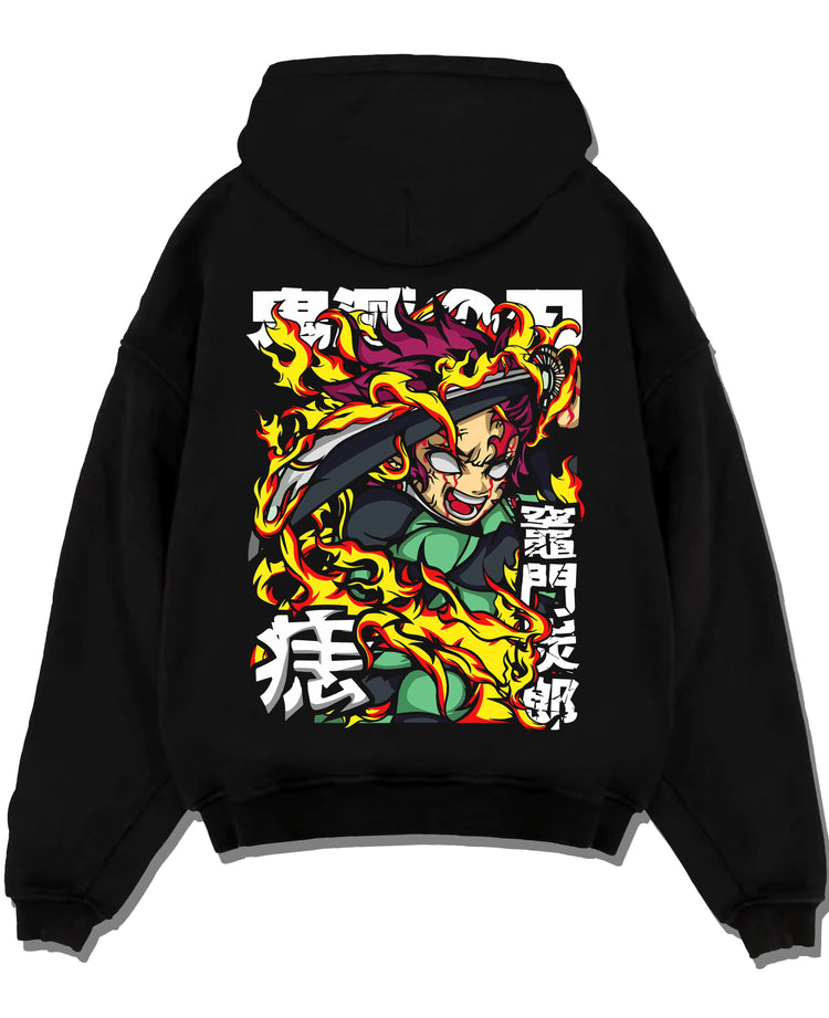 Black hoodie laid flat featuring Yoriichi Tsugikuni Sun Breathing flame aura Demon Slayer artwork.