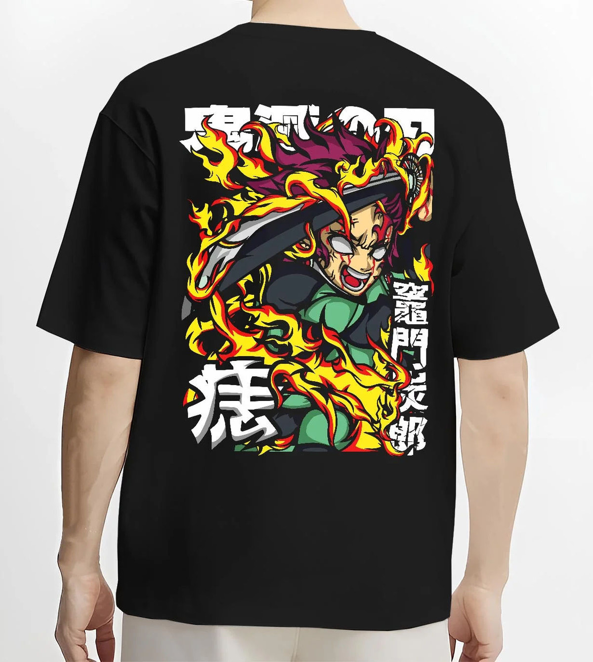 Black T-shirt worn by male model from the back featuring Yoriichi Tsugikuni Sun Breathing flame aura Demon Slayer artwork.